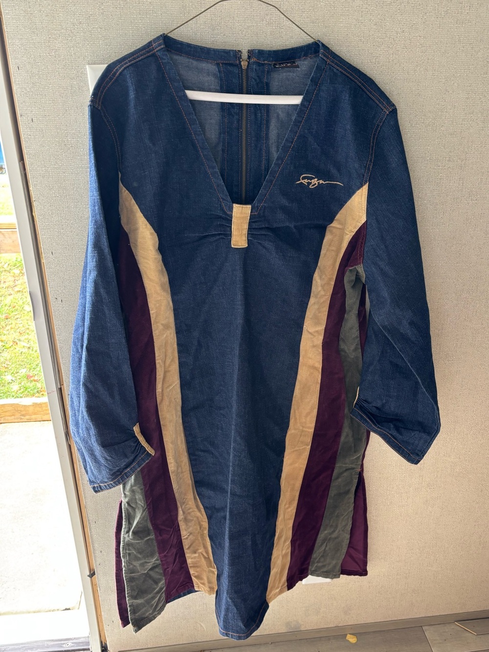 Vintage FUBU Denim Tunic Dress in Navy with Tan, Burgundy, and Olive Panels Y2K